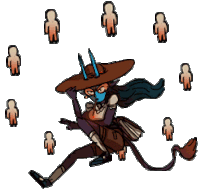 a cartoon drawing of a witch with horns and a blue mask