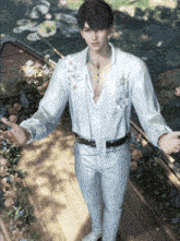 a man in a white shirt and white pants stands on a wooden deck