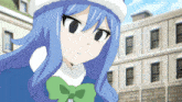 a girl with blue hair and a green bow tie stands in front of a building