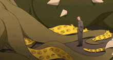 a cartoon drawing of a man in a suit and tie standing in front of a monster