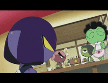 a group of cartoon characters are standing around a bar