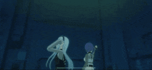 two anime girls are walking in a dark room with a lot of screens