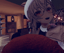 a girl wearing a santa hat and glasses is holding a stuffed animal