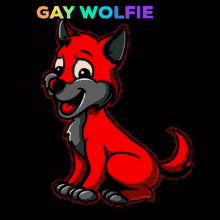 a cartoon drawing of a red wolf with the words gay wolfie underneath it