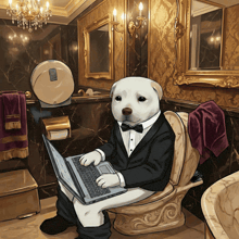 a white dog in a tuxedo is sitting on a toilet using a laptop