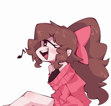 a cartoon drawing of a girl singing with a pink bow