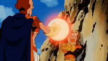 a cartoon character is holding a glowing object in his hand while another character looks on .