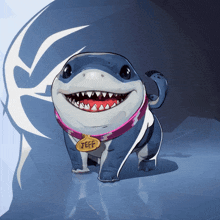 a cartoon shark with a name tag that says jeff on it