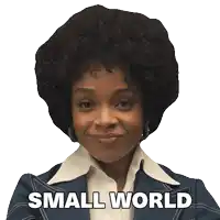 a woman in a blue suit is smiling with the words small world behind her