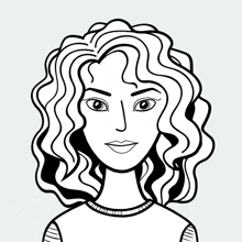 a black and white drawing of a woman 's face with curly hair .