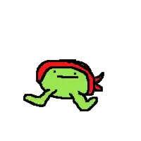 a pixel art drawing of a green frog with a red headband on .