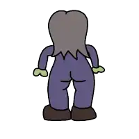 a cartoon drawing of a woman in a purple suit and green gloves