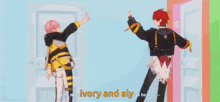 a man with red hair is standing in front of a door with the words ivory and aly written on it .