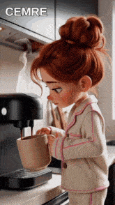 a cartoon girl is pouring a cup of coffee from a coffee maker with the word cemre below her