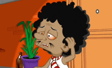 a cartoon of a man with a purple potted plant behind him