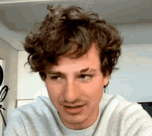 a man with curly hair is smiling and wearing a gray sweater .
