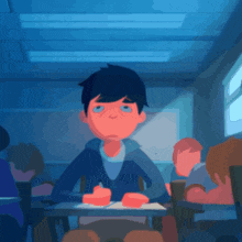 a cartoon drawing of a boy sitting at a desk