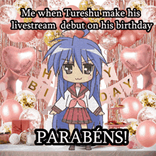 a picture of a girl with the words " me when tureshu make his livestream debut on his birthday parabens "