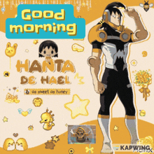 a poster that says good morning with a superhero