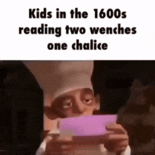 a cartoon character is reading two wenches one chalice while holding a phone .