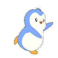 a blue and white penguin with orange legs is waving its hand