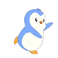 a blue and white penguin with orange legs is waving its hand