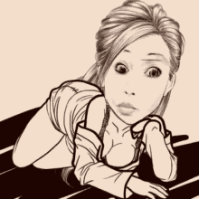 a black and white drawing of a woman with the word hi in the corner