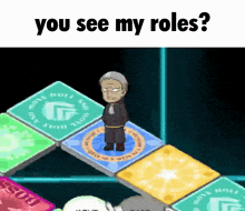 a man is standing on a board with the words " you see my roles "