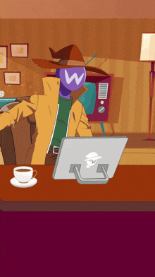a cartoon of a man sitting at a desk with a laptop