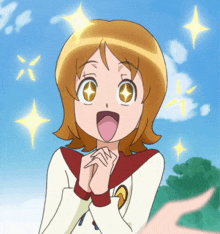 a cartoon of a girl with her tongue out and stars in her eyes