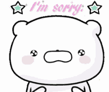 a white teddy bear is crying and saying i 'm sorry .