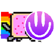 a purple smiley face is next to a rainbow colored cat .