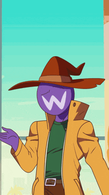 a cartoon character wearing a purple hat with the letter w on it