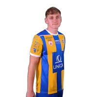 a man wearing a blue and yellow striped shirt with the word unica on the front