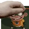 a hand is reaching out towards a cartoon character with a mask on his face .