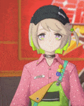 a girl in a pink shirt has a name tag that says coco on it