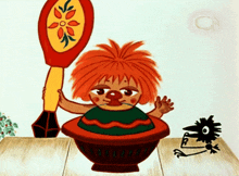 a cartoon character with red hair is holding a spoon in his hand