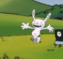a cartoon rabbit is jumping in the air and smiling