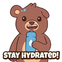 a cartoon of a teddy bear holding a can of water and the words stay hydrated