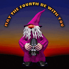 a gnome holding a darth vader helmet with the words may the fourth be with you behind him