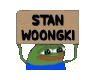 a cartoon frog is holding a sign that says stan woongki