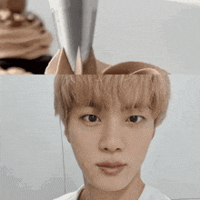 a close up of a person 's face and a cupcake