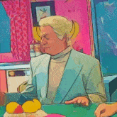 a cartoon drawing of a man sitting at a table with fruit on it