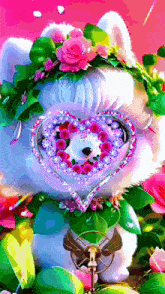 a teddy bear wearing a heart shaped necklace and a flower crown
