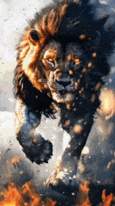 a lion with red eyes is jumping in the air with flames behind it