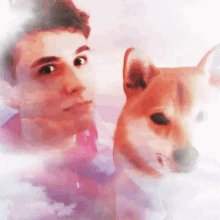 a painting of a man and a dog with a cloudy background