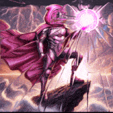 a painting of a superhero with a pink cape holding a pink light