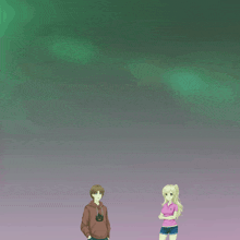 a boy and a girl standing in front of a helicopter