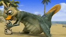 a cartoon kangaroo with a duck beak is eating a chicken on a beach .