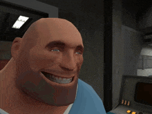 a man in a blue shirt is sitting in a chair talking to another man